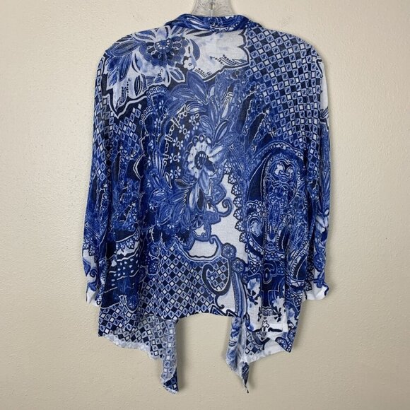 Chicos Womens Cardigan Sweater 1 M Paisley Blue White Waterfall Lightweight Boho - Picture 3 of 14